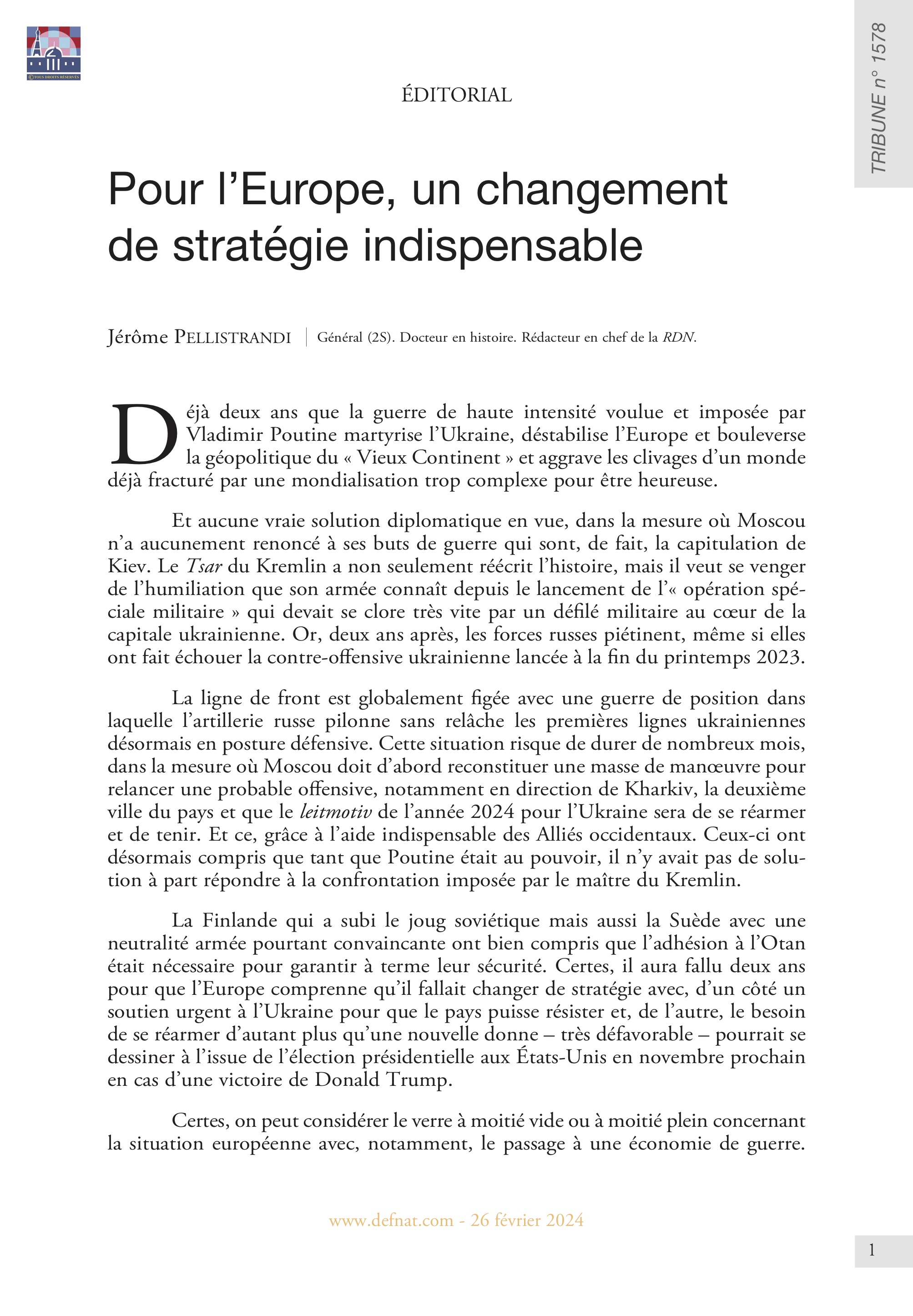 Éditorial – Pour l’Europe, un changement de stratégie indispensable (T 1578)
